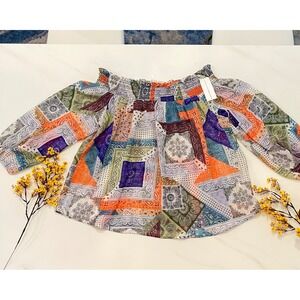 Live 4 Truth Bandana Patchwork Off Shoulder Blouse 2X Multi Paisley Boho NWT